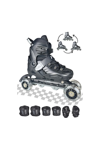 Black Seri Tek Teker Işıklı Paten Koruma Seti 2+2 Çocuk Pateni Taşıma Çantalı 3 İn 1 Siyah