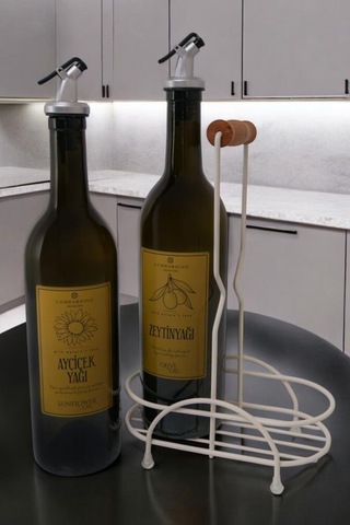 Digithome Petra 2'li Krem Metal Standlı Ahşap Saplı Yağdanlık Seti Gold Etiketli Amber Yağlık 750 Ml Krem