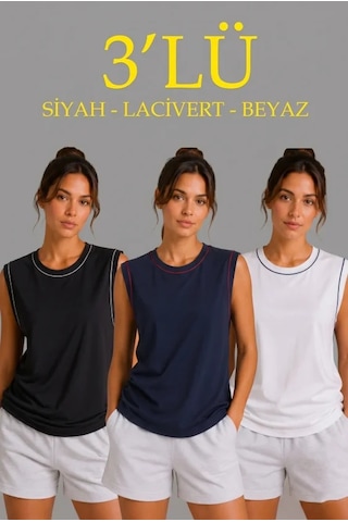 Modi 3 Lü Kolsuz Sporcu Atlet Seti Yazlık Bisiklet Yaka - Siyah, Lacivert, Beyaz Açık Krem - Siyah