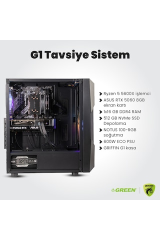 Green GRIFFIN G1 R5-5600X 16 GB 512 GB SSD RTX5060 Free Dos Oem Paket Masaüstü Oyuncu Bilgisayarı