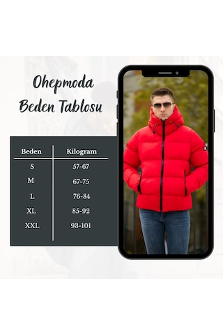 Ohepmoda İçi Kürklü Kapüşonlu Su Ve Rüzgar Geçirmez Erkek Şişme Mont Kırmızı