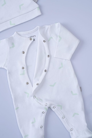 Boumini Bebek Patikli Tulum Şapka Set Beyaz Desenli Yeşil Tik Yeşil