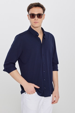 Ac&Co / Altınyıldız Classics Erkek Lacı Pamuklu Tailored Slim Fit Dar Kesim Düğmeli Yaka Örme Gömlek