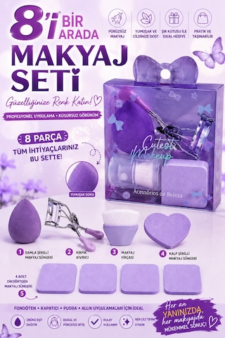 8 Parça Mor Makyaj Süngeri, Fırçası Ve Kirpik Kıvırıcı Seti