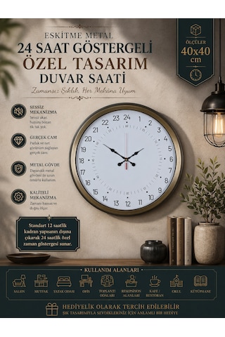 40 Cm Eskitme Metal 24 Saat Göstergeli Özel Tasarım Duvar Saati Pl-4097e