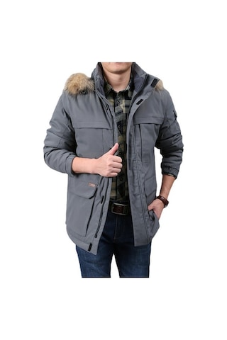 Xinxin Kapüşonlu Kalınlaştırılmış Orta Boy Kaban,gri Gri