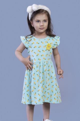 Toontoy Kız Çocuk Komple Ananas Baskılı Çiçek Aksesuarlı Elbise Su Yeşili