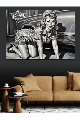 Mini Elbiseli Tamirci Pin Up Kadın Dekoratif Kanvas - Mdf Ahşap Tablo