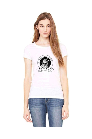Göktürk Tengri Biz Menen Baskılı Beyaz Kadın Tshirt