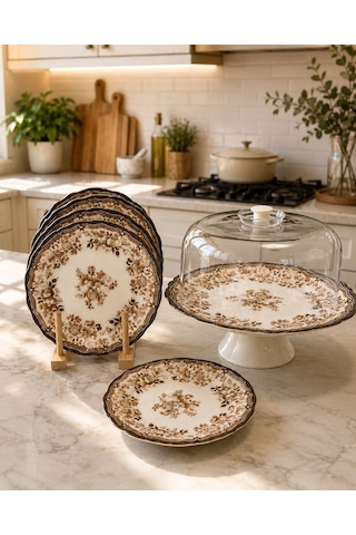 8 Parça Porselen Velour Brown Pasta Seti-7248 Çok Renkli