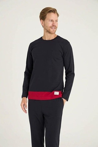 Kly Erkek Premium %100 Pamuk 4 Mevsim Kumaş Bisiklet Yaka Uzun Kollu Pijama Takım Lacıvert