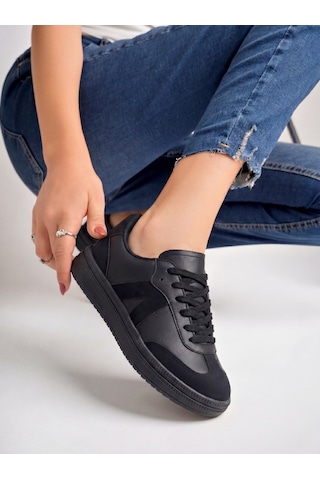 Kadın Sneaker Yüksek Taban Ortopedik Bağcıklı Spor Ayakkabı Retro Siyah 011