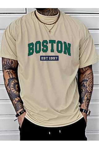 Noıssey Bej Erkek Beyaz Siyah Gri Oversize Boston Est 1997 Baskılı Bisiklet Yaka