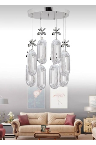 Alfa Led 8'li Krom 3 Renk Modu Ledli Kristal Taşlı Modern Led Avize Krom