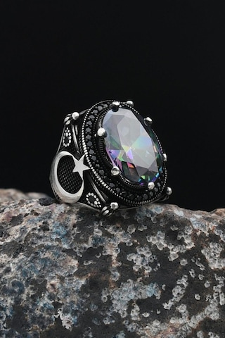 Ay Yıldız Figürlü Ay Yıldızlı Ay Yıldız 925 Ayar Gümüş Erkek Yüzüğü Mistik Topaz Taşlı 901538 Gümüş