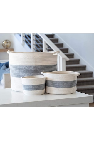 3lü Jüt Pamuklu Sepet, Bebek Eşya Toplama Sepeti, Battaniye Sepeti Oyuncak Sepeti, Yastık Sepeti Gribeyaz