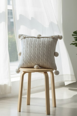 Ponponlu Triko Örme Kırlent Kılıfı - 40x40 Cm Kare Yastık Kılıfı - Koyu Krem Koyukrem Koyu Krem