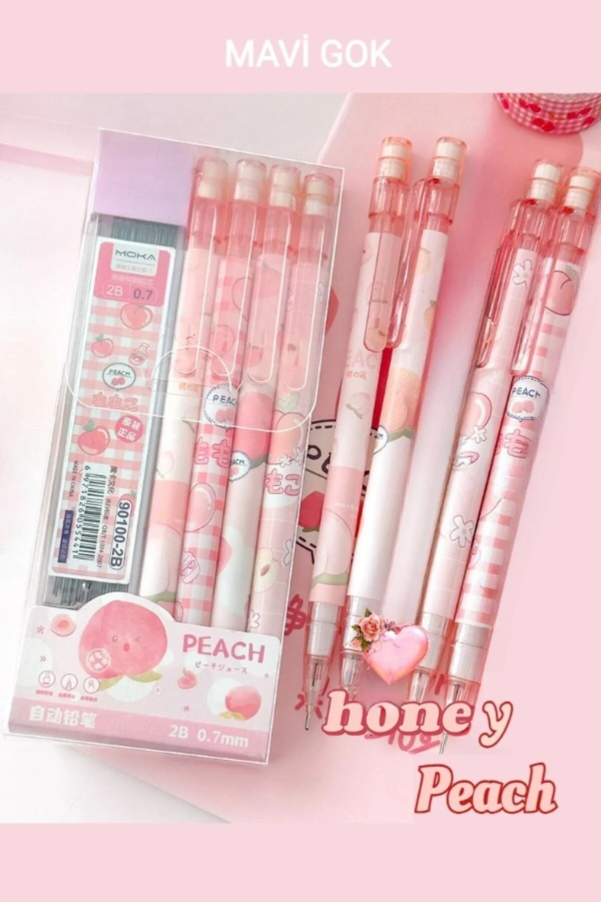 Kawai Şeftali Uçlu Kalem 2b 0,7mm 4 Adet Uçlu Kalem+1 Kutu Uç Şeftali - Pembe