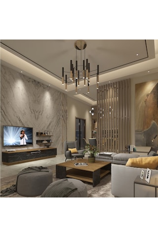 Trendstyle 4s Mdf Tv Ünitesi Ve Orta Sehpa 2'li Set - Pera Siyah Mermer Safir Meşe - Royal Mermer