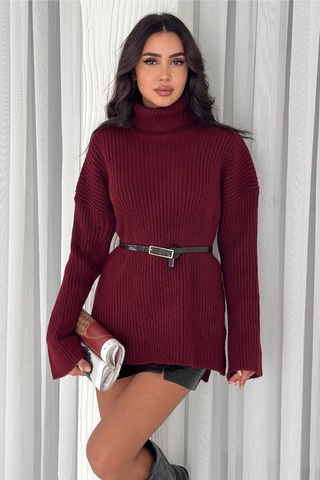 Femelle Kadın Bordo Standart Beden Basic Boğazlı Oversize Triko Kazak