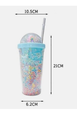 Pipetli Bardak Matara Sevimli Suluk 450 Ml Çift Katmanlı Boncuklu Mavi