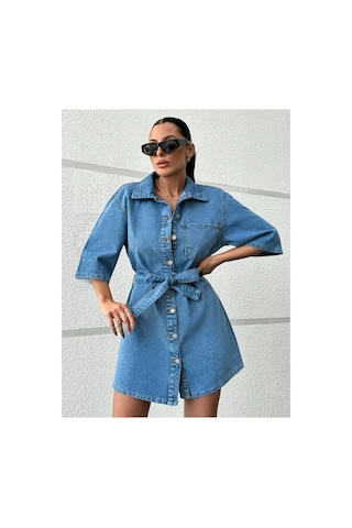 Kene Jeans Kuşaklı Mavi Full Düğme Kapamalı Kısa Kot Elbise Mavi