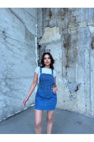 Shevega Kadın Mavi Ucu Kesik Kanguru Cep Etekli Bahçivan Kot Tulum Mavi