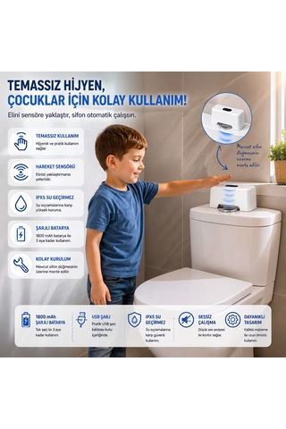 Hpytech Temassız Otomatik Tuvalet Sifonu Şarjlı Hareket Sensörlü Usb Şarjlı Ipx5 Su Geçirmez Üstten Basmalı Rezervuar Uyumlu Beyaz