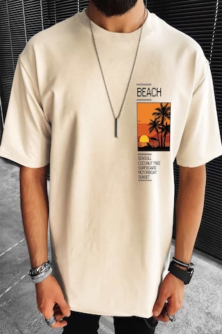 Uyguntarz Beach Baskılı Oversize Erkek Tshirt - Bej