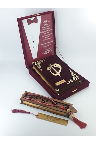 Damat Bohçası Plaketli Kuranı Kerim Orta Boy Bordo Kadife -