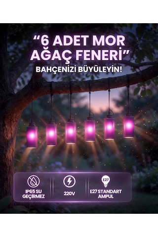 6 Lı Mor Ağaç Feneri Ip65 Su Geçirmez E27 Bahçe Aydınlatma Seti 220v Dekoratif Sarkıt Fener