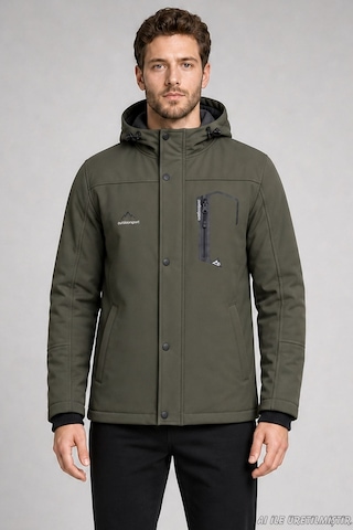 Freemen Erkek Kapüşonlu İçi Kürklü Su Ve Rüzgar Geçirmez Outdoor Softshell Mont-414 Haki