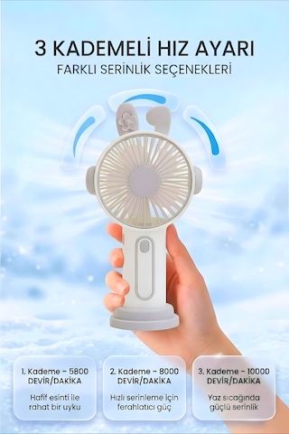 Şarjlı Taşınabilir Sevimli Kulak Tasarımlı Mini Fan 3 Kademeli Hız Telefon Standlı Vantilatör Gri
