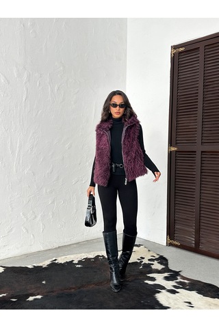 Verymoda Yapay Kürk Kadın Yelek Fermuarlı, Yumuşak Dokulu I Vmf2046 Mürdüm