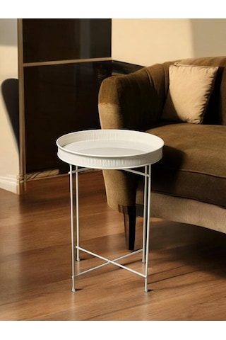 Metal Geniş 37 Cm Tepsili Katlanır Yan Sehpa Krem Krem