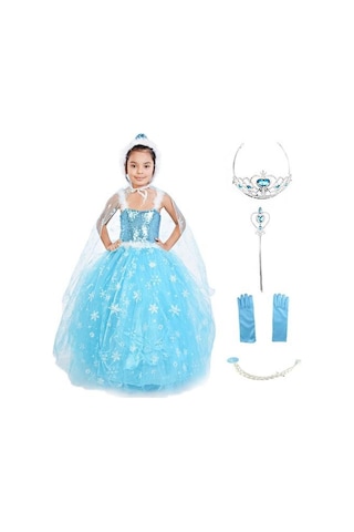Masho Kids Frozen Elsa Pelerinli Şapkalı Tarlatanlı Kostüm 6'Lı Set Askılı M