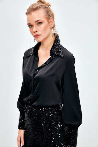 Sateen Payet Detaylı Saten Gömlek - Siyah-134117 Siyah