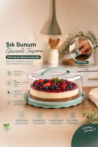 Porsima L-00501-2 Kilitli Kulplu Yuvarlak Kek Ve Pasta Taşıma Fanusu 26 Cm Turkuaz / Su Yeşili