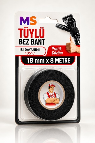 Yanmaz Tüylü Bez Bantı Kumaş 18 Mm X 8 Metre Kablo Sarma İzolasyon Bandı Isı Dayanımı 105 C Bantları