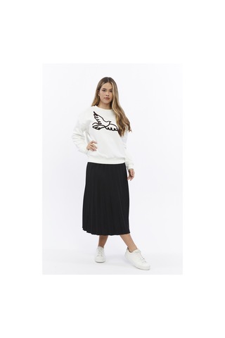Kadife Kuş Desenli Şardonlu İçi Polarlı Ekru Regular Fit Bisiklet Yaka Kadın Sweatshirt Ekru