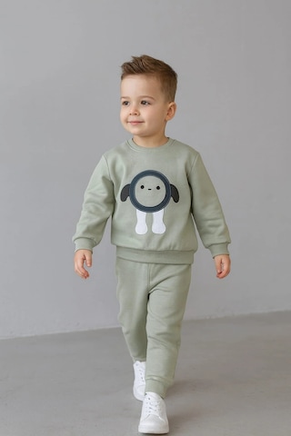 Erkek Çocuk Nakışlı İki Parça Eşofman Takımı %100 Pamuk Yeşil