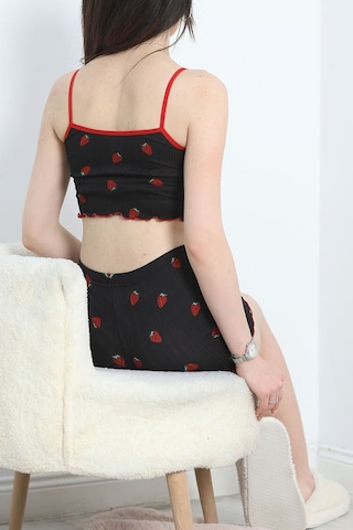Lukitus İp Askılı Şortlu Pegasus Crop Pijama Takımı Siyah