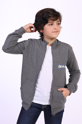 Toontoy Kids Toontoy Erkek Çocuk 2'li Takım Baskılı Dik Yaka Fermuarlı Hırka & Beli Paçası Lastikli Cepli Jogger Eşofman Altı Antrasit Melanj