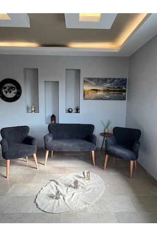 Azra Mobilya Azra Aksesuar Çay Seti Oturma Grubu, Puffy Kumaş Koltuk Takımı, Ahşap Ayak, Balkon Bahçe Mobilyası Gri
