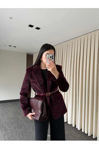 Laluvia Bordo Leopar Kemerli Ceket - 9614 Bordo