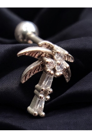 Palmiye Model Taşlı Sılver Renk Helıx Tragus Conch Piercing Gri