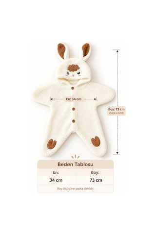 Beniizle 0-6 Ay Kuzu Desenli Peluş Bebek Tulum Kapüşonlu Welsoft Tulum Ekru