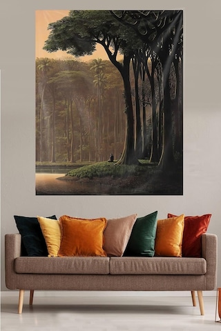 Pelangi Ormanda Oturan İnsan Leke Tutmaz Kadife Dokulu Kumaş Duvar Örtüsü Duvar Halısı Tapestry, Kahverengi 70 X Diğer