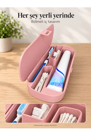 Diş Fırçası Ve Macunu Seyahat Kutusu Kapaklı Bölmeli Organizer Pembe