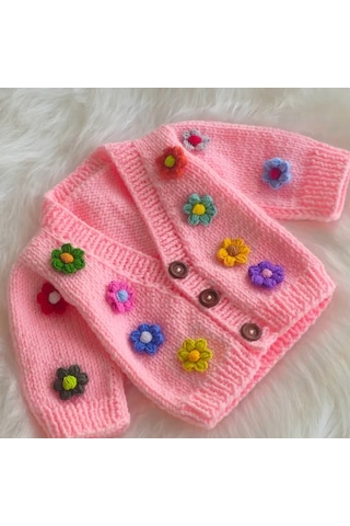 Uretti - Eylem 6333 - El Yapımı Çiçekli Kız Çocuk Hırkası - 12 - 24 Ay Pembe